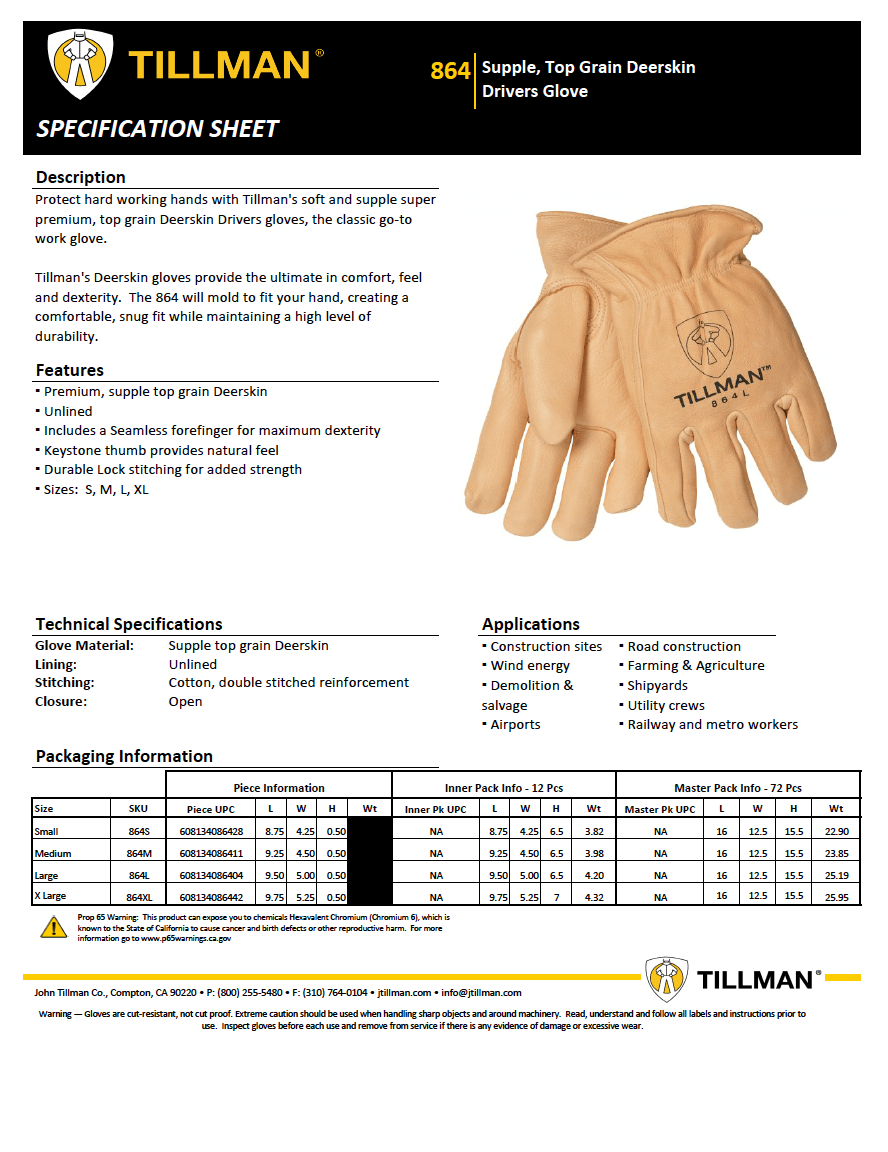 thumbnail image 2 of Tillman 864XL Drivers Gloves – Extra Large, Top Grain Deerskin – USA Brand, Made In China 2 of 5
