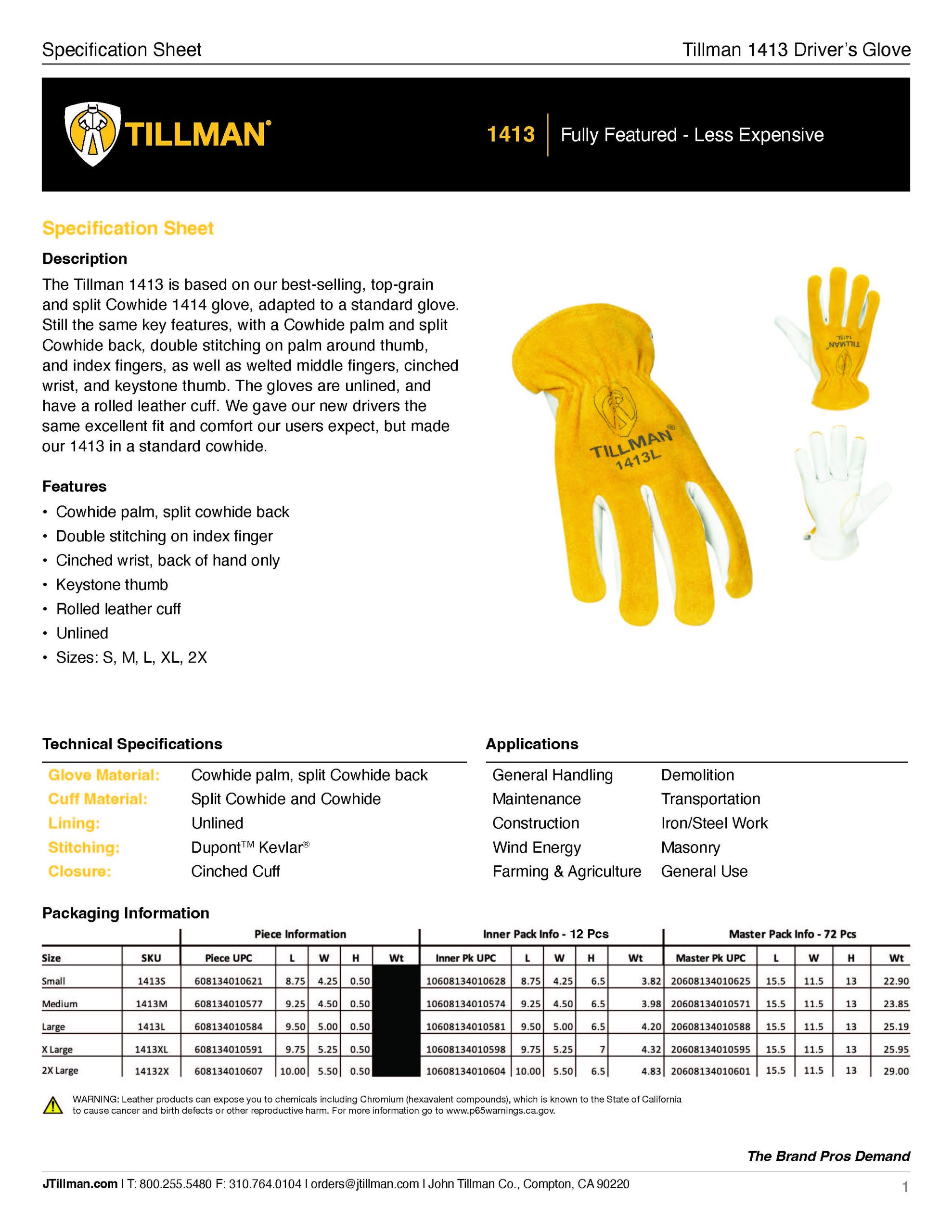 Thumbnail of 1413 Driver glove specification sheet