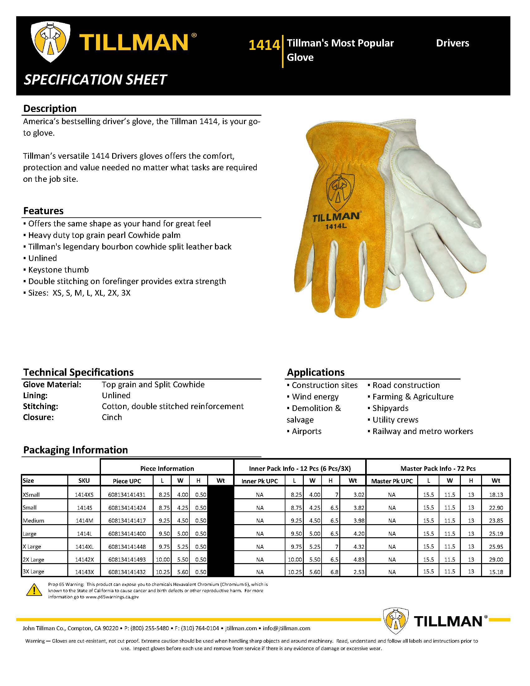 Tillman 1414-2X Drivers Gloves Cowhide palm and back 2X-Large 