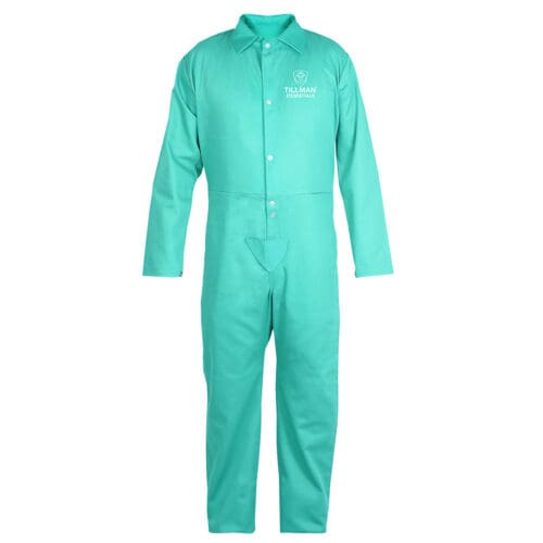 Essentials Flame Resistant green 100% cotton welding coveralls 6800 front view, 9 oz. FR cotton; light duty welding.