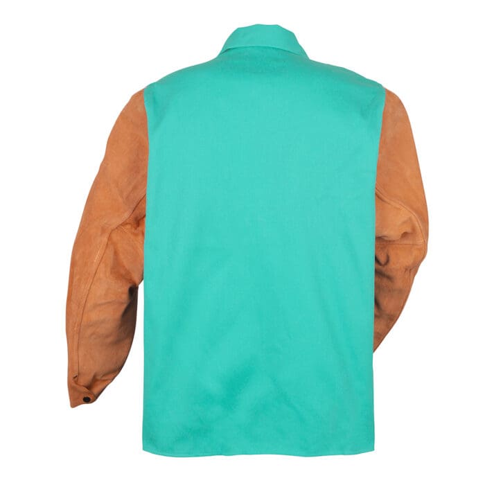 Essentials 9830 hybrid welding jacket, 30"L Flame Resistant green 100% cotton torso jacket with genuine cowhide sleeves in brown; back view; light duty welding, 9 oz. FR cotton.