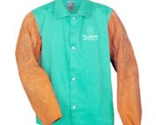Essentials 9830 hybrid welding jacket, 30"L Flame Resistant green 100% cotton torso jacket with genuine cowhide sleeves in brown; front view. 9 oz. FR cotton. For light duty welding.