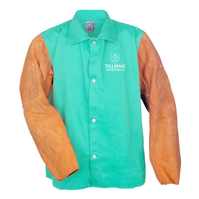 Essentials 9830 hybrid welding jacket, 30"L Flame Resistant green 100% cotton torso jacket with genuine cowhide sleeves in brown; front view. 9 oz. FR cotton. For light duty welding.