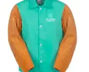 Essentials 9830 hybrid welding jacket, 30"L Flame Resistant green 100% cotton torso jacket with genuine cowhide sleeves in brown; front view. 9 oz. FR cotton. For light duty welding.