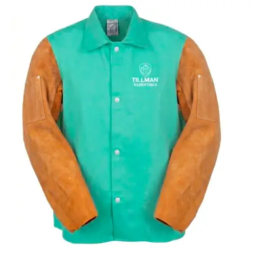 Essentials 9830 hybrid welding jacket, 30"L Flame Resistant green 100% cotton torso jacket with genuine cowhide sleeves in brown; front view. 9 oz. FR cotton. For light duty welding.
