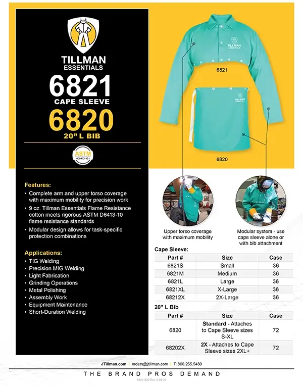 Tillman 6821 cape sleeve and 6820 bib specification sheet showing product features, SKUs, and case pack information