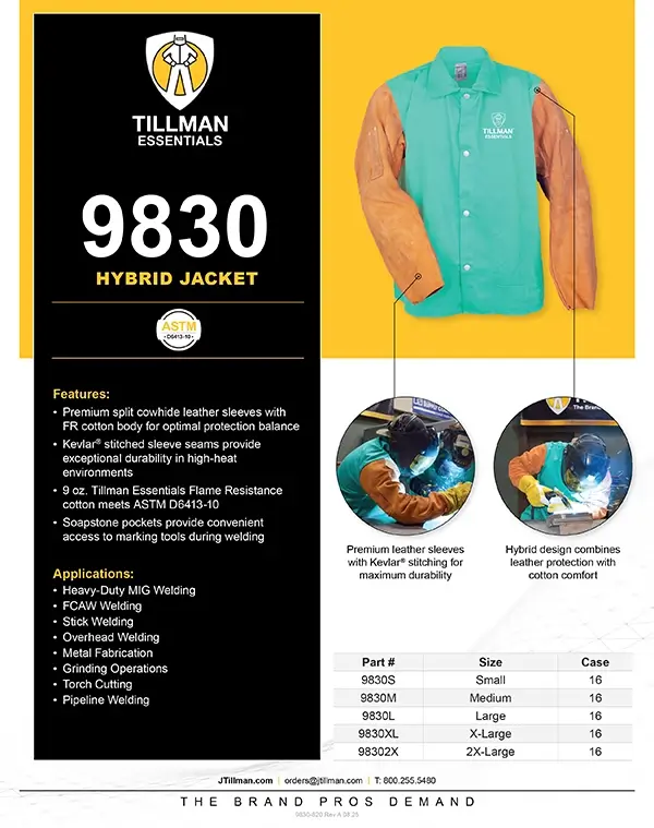 Tillman 9830 30-inch hybrid welding jacket specification sheet showing product features, available sizes, and case pack information