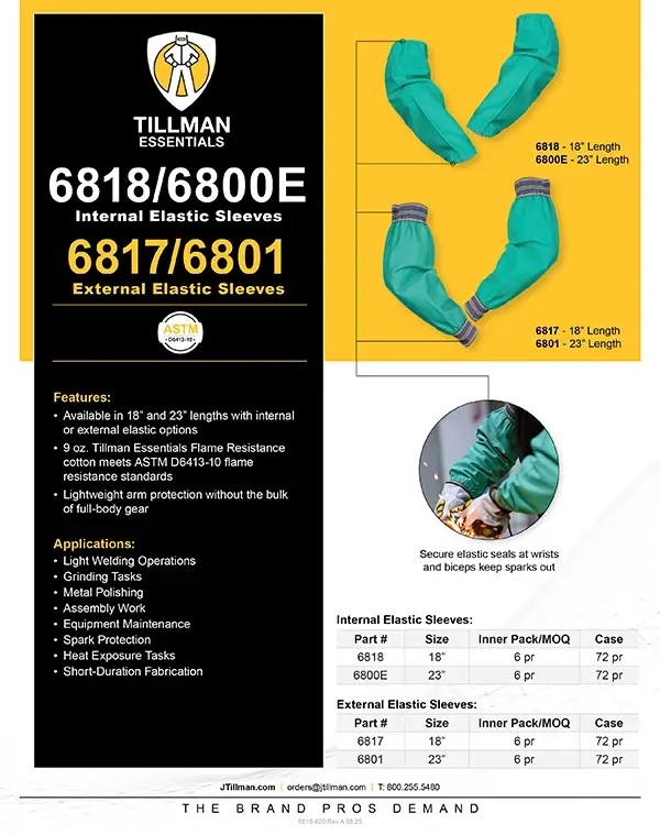 Tillman FR cotton sleeves specification sheet showing internal and external elastic options in 18-inch and 23-inch lengths