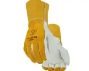 Tillman 1429 top grain cowhide drivers gloves shown as a pair, displaying pearl cowhide palm and golden amber split cowhide 4-inch cuff