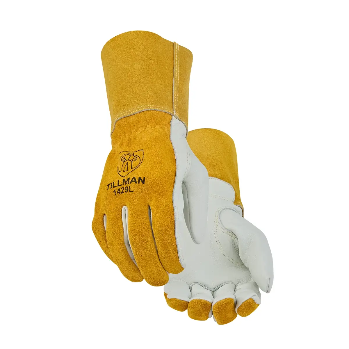 Tillman 1429 top grain cowhide drivers gloves shown as a pair, displaying pearl cowhide palm and golden amber split cowhide 4-inch cuff