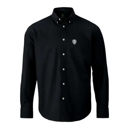 Tillman FreedomFlex Casual FR Shirt in black, front view, showing modern casual profile and tortoiseshell-style button closure (6510)