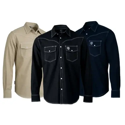 Tillman FreedomFlex Western FR Shirts in khaki (6530), black (6510), and navy (6520)