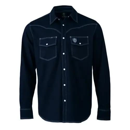 Tillman FreedomFlex Western FR Shirt in navy, front view, showing triple-stitch western detailing and pearl snap closure (6420)